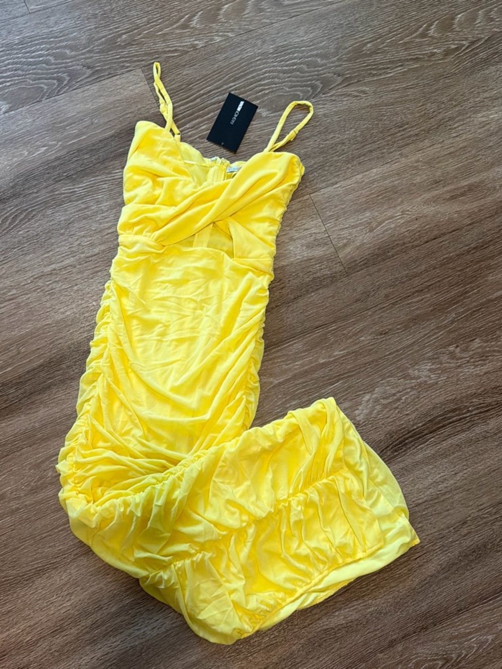 Fashion Nova Bright Yellow Ruched Midi Slip Dress